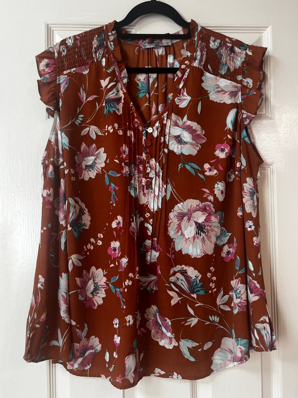 Daniel Rainn Rust Floral Flutter Sleeve Blouse with Pink & Teal Accents